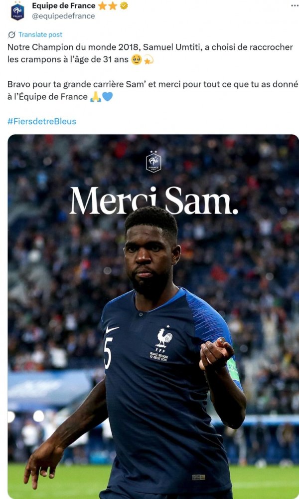 米牛金融 法国国家队官推致谢乌姆蒂蒂：感谢你为我们所付出的一切